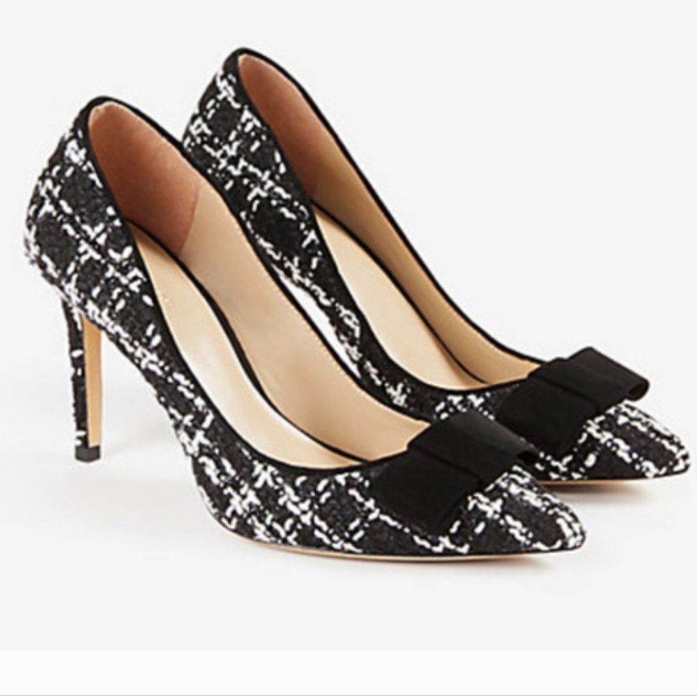 Ann Taylor Jolie Sz 8 Bow Tweed Black White Heel Rare Fabric